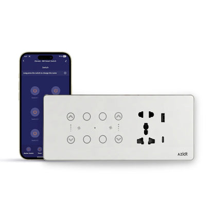 Wi-Fi + Bluetooth Smart Touch Switch Panel – 8 Module (4 Switch + 2 Fan + Socket)