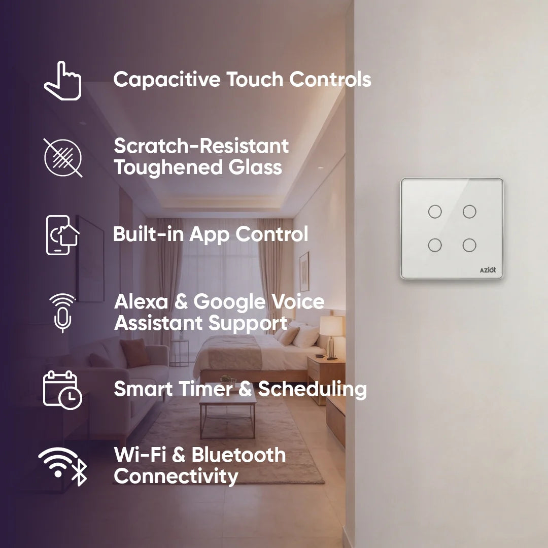 Wi-Fi + Bluetooth Smart Touch Switch Panel – 4 Switch (2 Module)