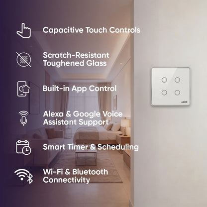 Wi-Fi + Bluetooth Smart Touch Switch Panel – 4 Switch (2 Module)