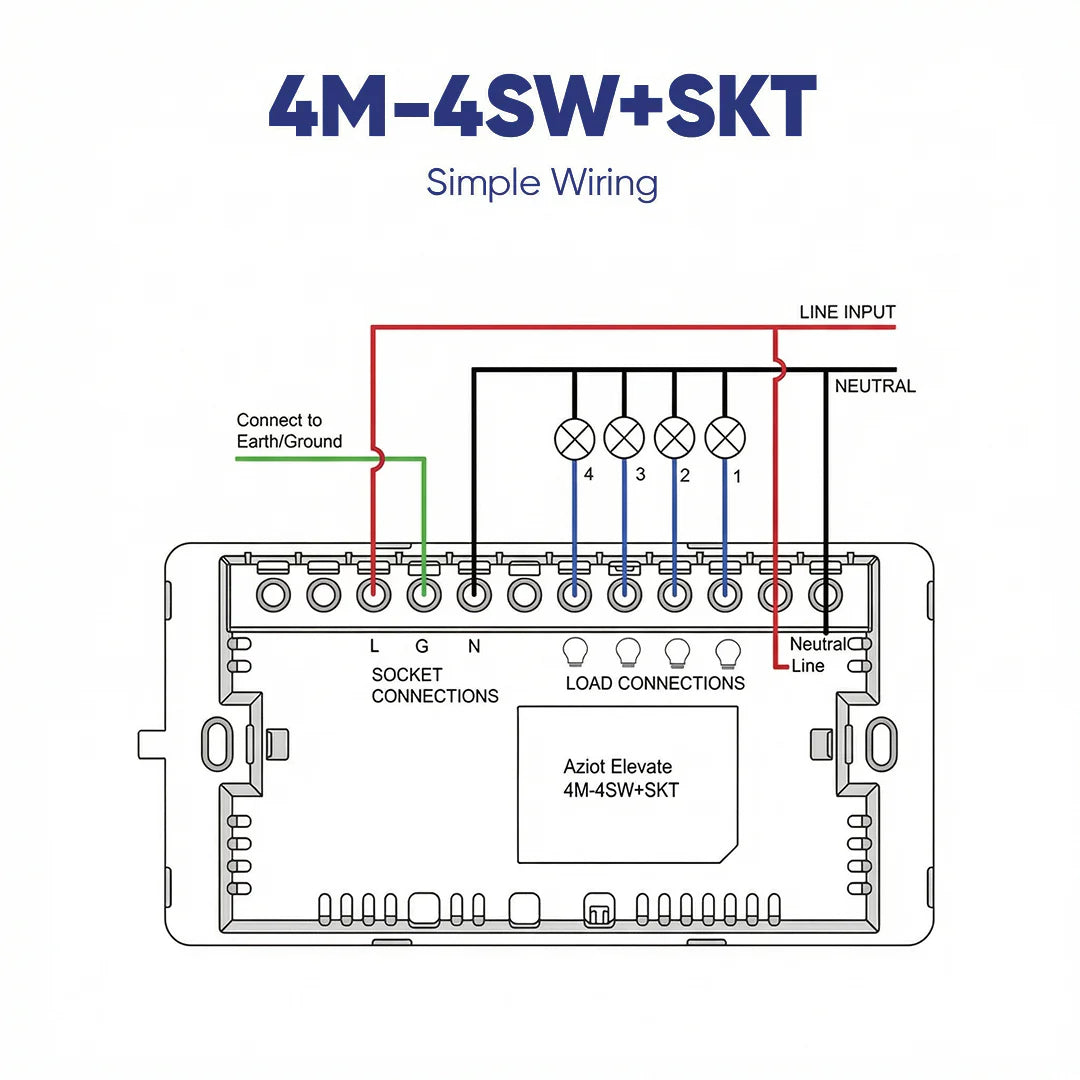 Wi-Fi + Bluetooth Smart Touch Switch Panel (4 Module – 4 Switch + Socket)