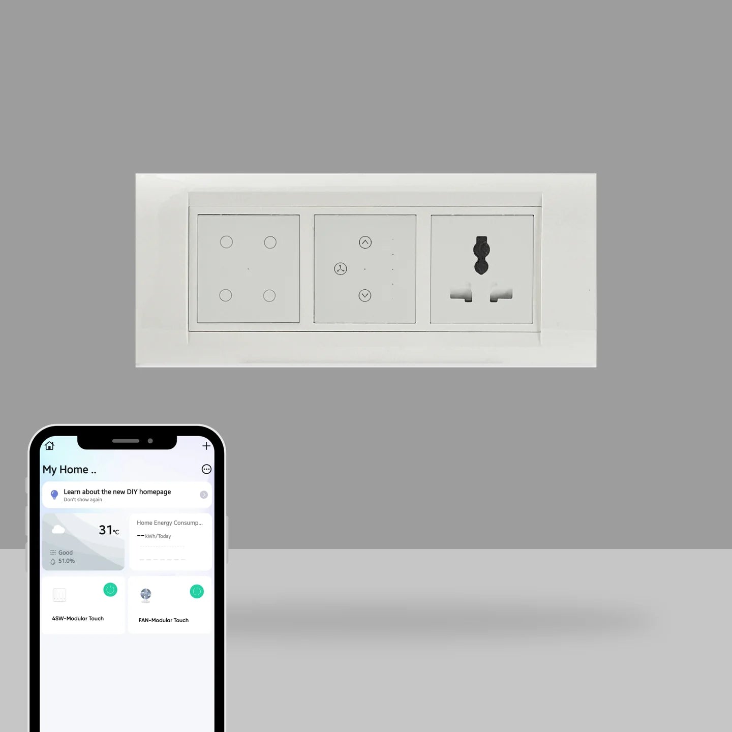 Wi-Fi Smart Touch Switch Panel – 6 Module with Integrated Socket
