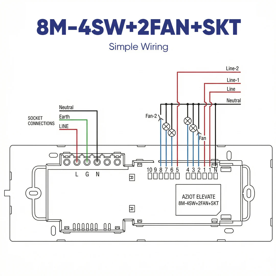 Wi-Fi + Bluetooth Smart Touch Switch Panel – 8 Module (4 Switch + 2 Fan + Socket)