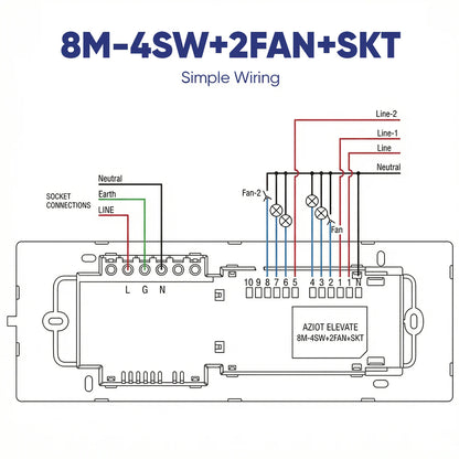 Wi-Fi + Bluetooth Smart Touch Switch Panel – 8 Module (4 Switch + 2 Fan + Socket)