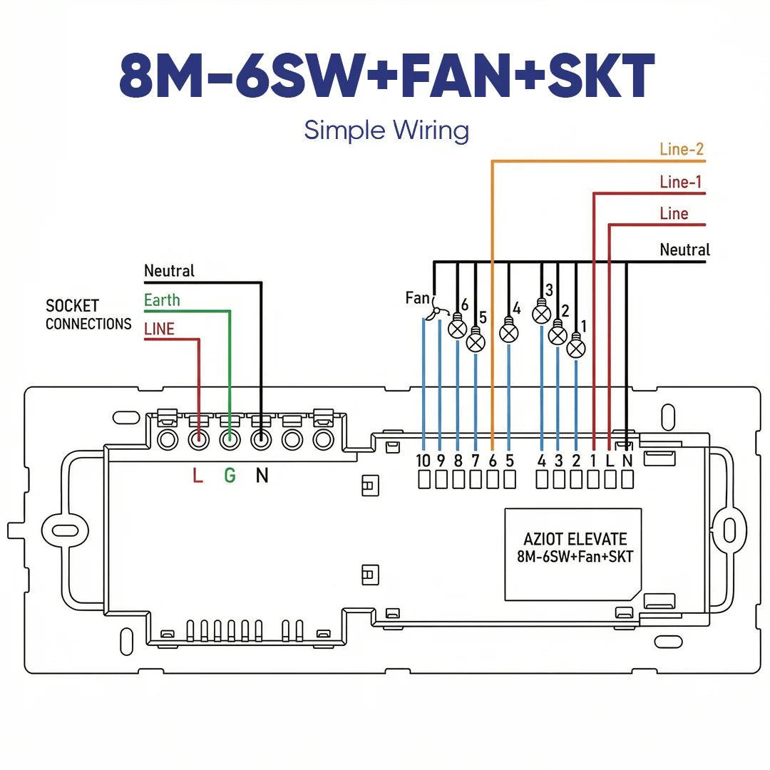 Wi-Fi + Bluetooth Smart Touch Switch Panel – 8 Module (6 Switch + Fan + Socket)