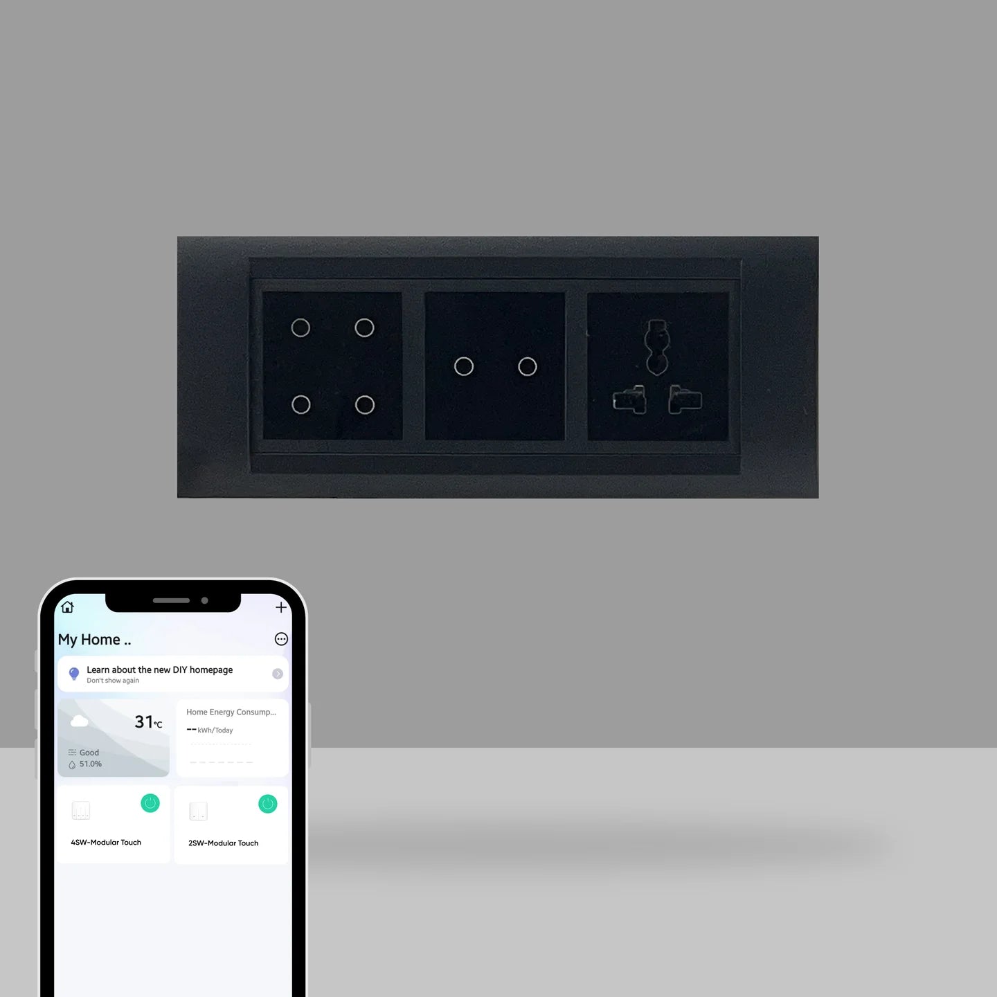 Wi-Fi Smart Touch Switch Panel – 6 Module with Integrated Socket