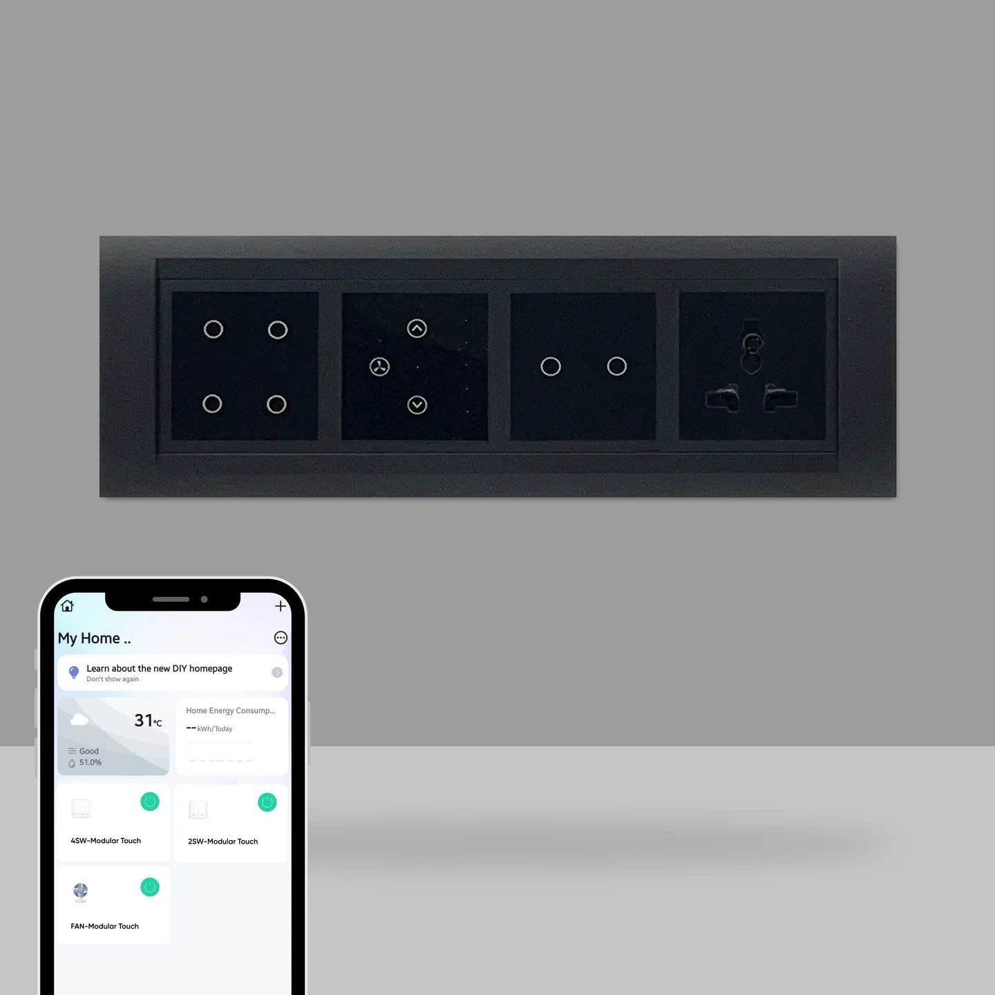 Wi-Fi Smart Touch Switch Panel – 8 Module with Fan Regulator & Socket