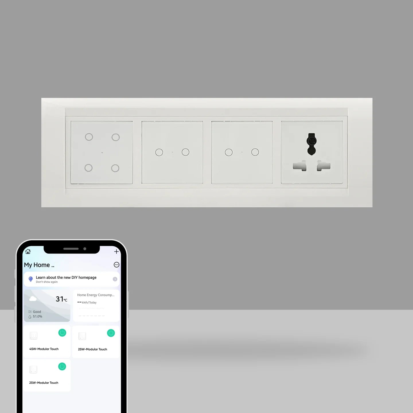 Wi-Fi Smart Touch Switch Panel – 8 Module with Fan Regulator & Socket
