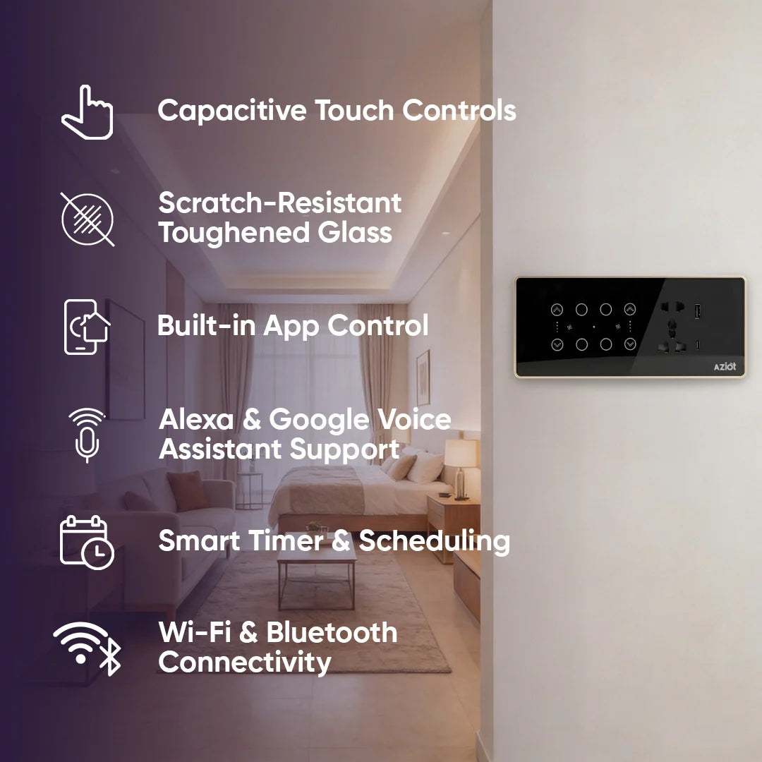 Wi-Fi + Bluetooth Smart Touch Switch Panel – 8 Module (4 Switch + 2 Fan + Socket)