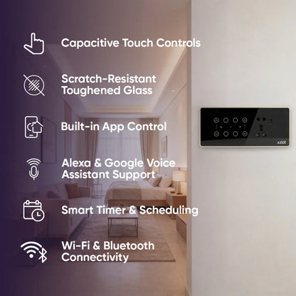 Wi-Fi + Bluetooth Smart Touch Switch Panel – 8 Module (4 Switch + 2 Fan + Socket)