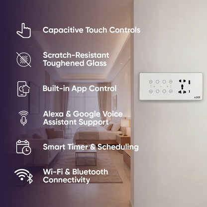 Wi-Fi + Bluetooth Smart Touch Switch Panel – 8 Module (4 Switch + 2 Fan + Socket)
