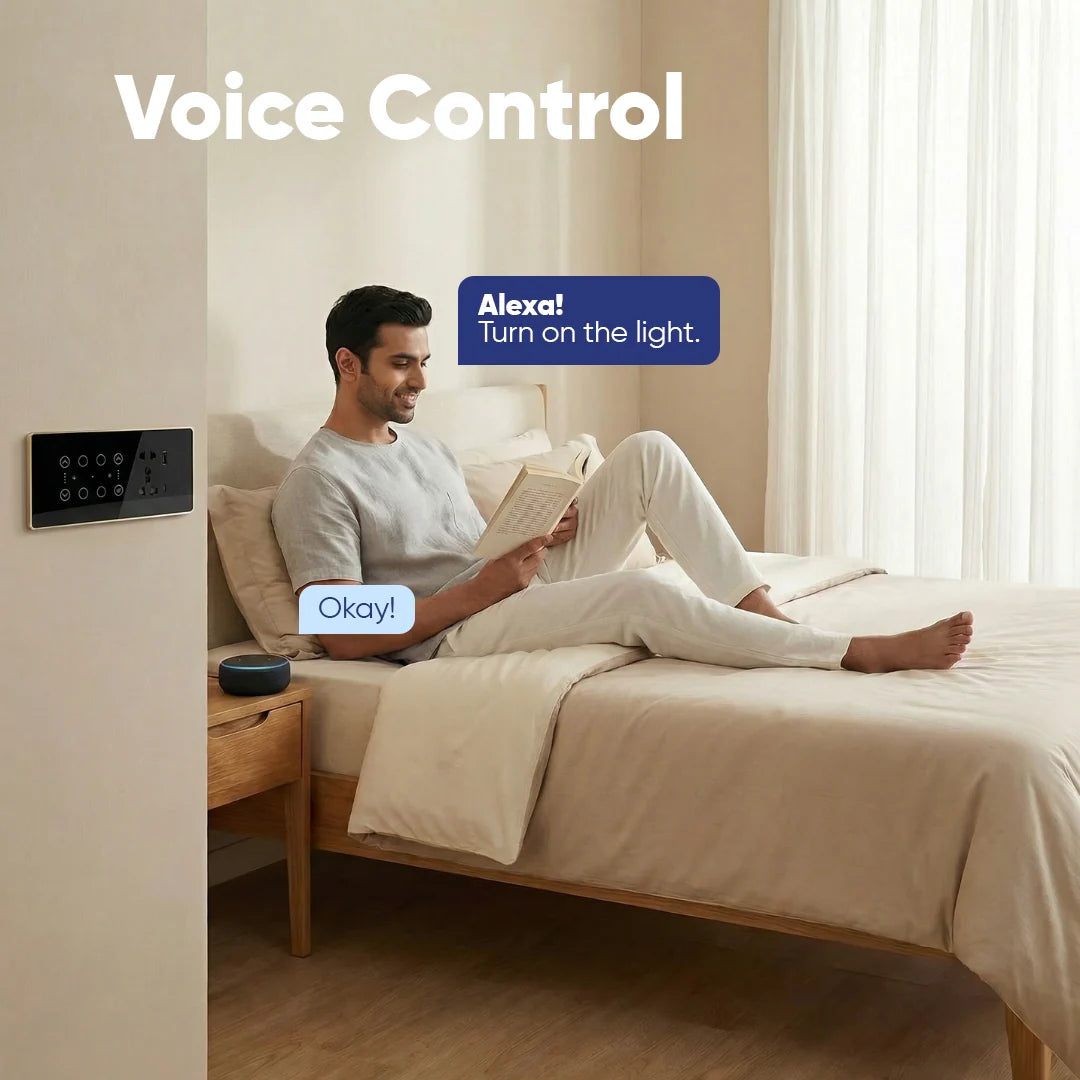 Wi-Fi + Bluetooth Smart Touch Switch Panel – 8 Module (4 Switch + 2 Fan + Socket)