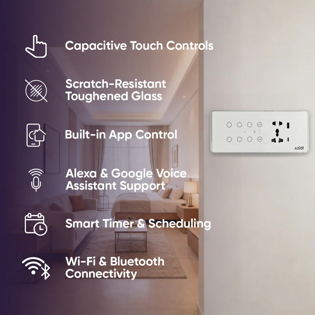 Wi-Fi + Bluetooth Smart Touch Switch Panel – 8 Module (6 Switch + Fan + Socket)