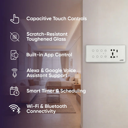 Wi-Fi + Bluetooth Smart Touch Switch Panel – 8 Module (6 Switch + Fan + Socket)