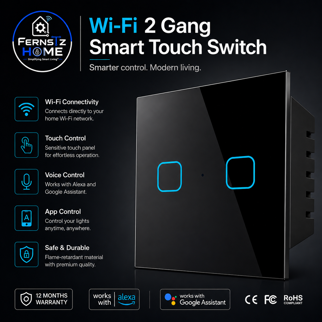 Wi-Fi 2 Gang Smart Touch Switch