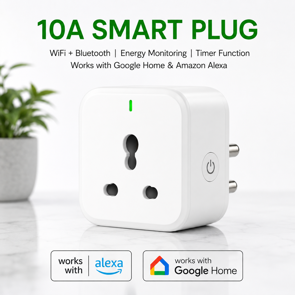 10A Smart Plug with Energy Monitoring + Wi-Fi + Bluetooth