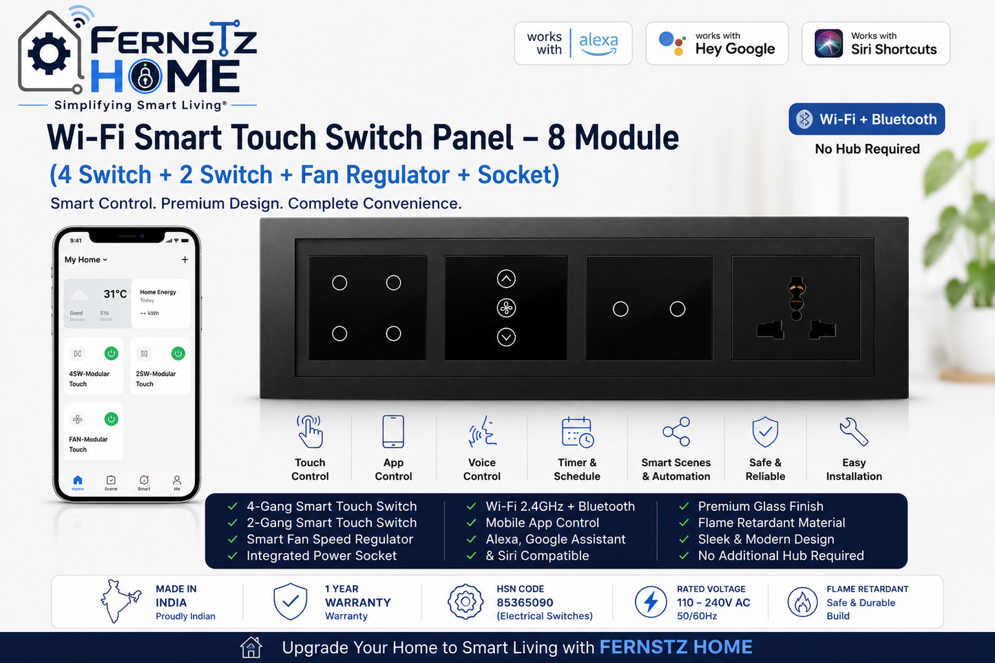 Wi-Fi Smart Touch Switch Panel – 8 Module with Fan Regulator & Socket