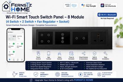 Wi-Fi Smart Touch Switch Panel – 8 Module with Fan Regulator & Socket