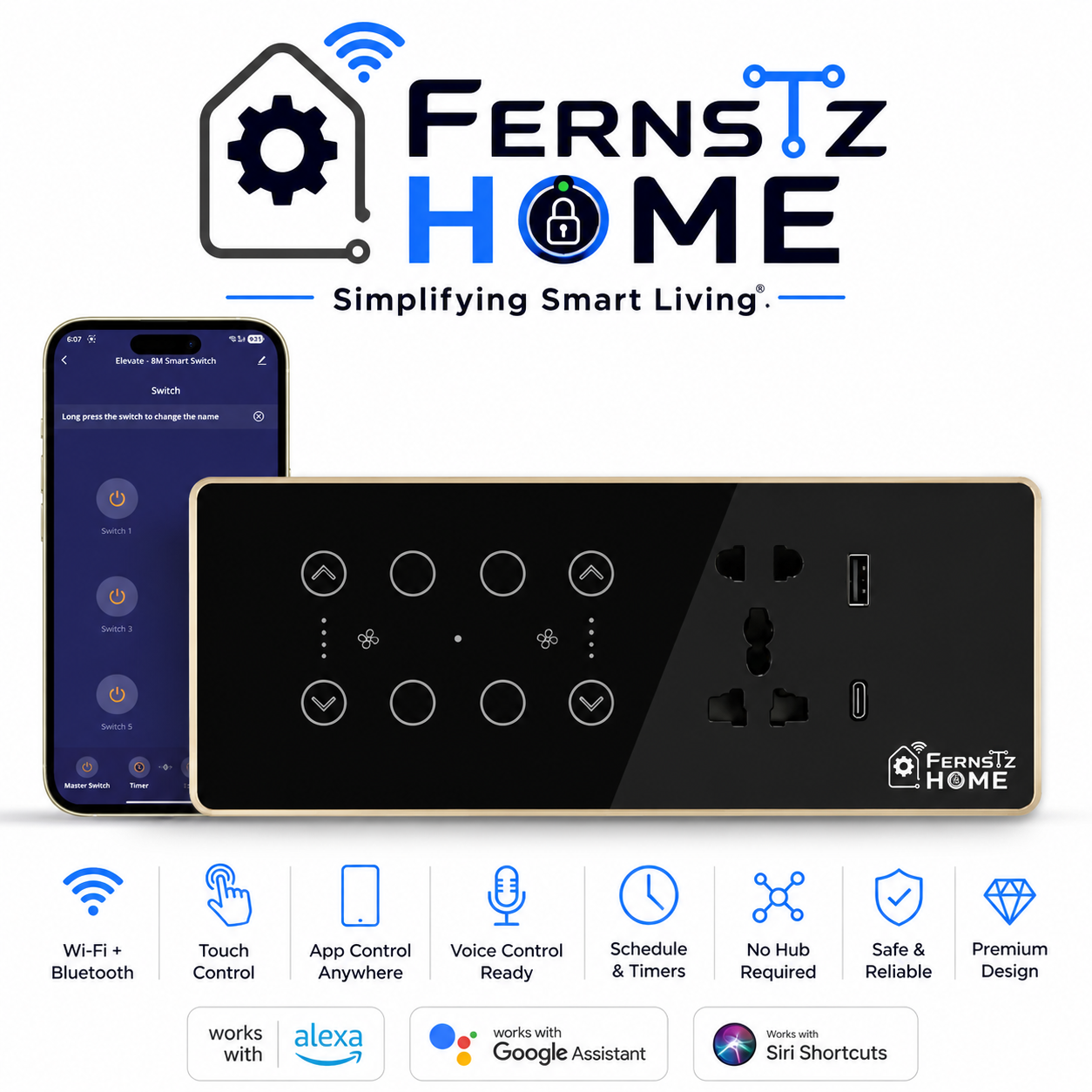 Wi-Fi + Bluetooth Smart Touch Switch Panel – 8 Module (4 Switch + 2 Fan + Socket)