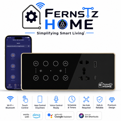 Wi-Fi + Bluetooth Smart Touch Switch Panel – 8 Module (4 Switch + 2 Fan + Socket)